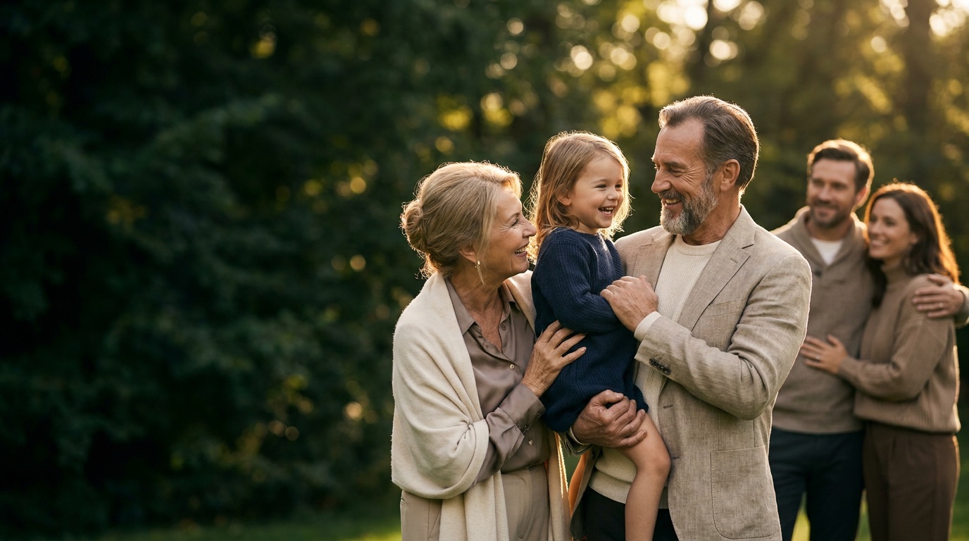 Three generations of a family together outdoors at golden hour