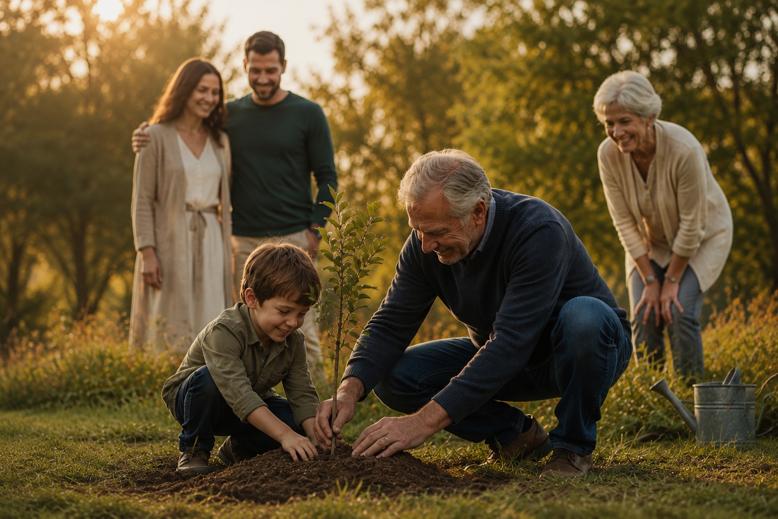 A family of three generations planting a young tree together at golden hour